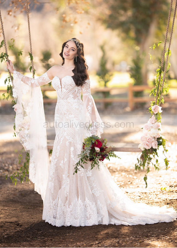 Detachable Pagoda Sleeve Strapless Sweetheart Neck Ivory Lace Tulle Wedding Dress